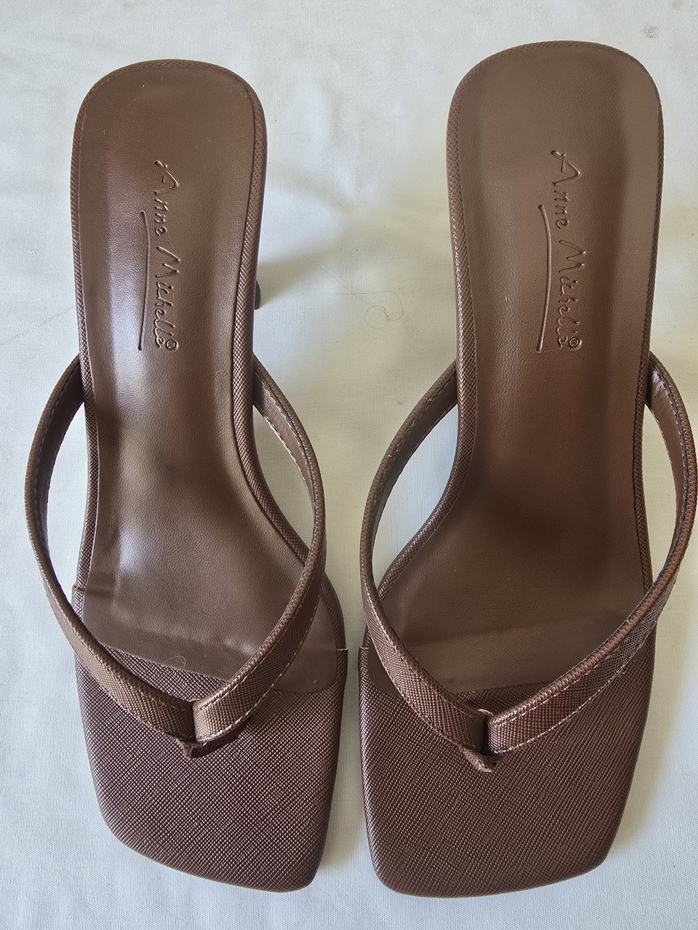 Anne Michelle Chocolate Brown Square-Toe Thong Sandals/ Kitten Heels